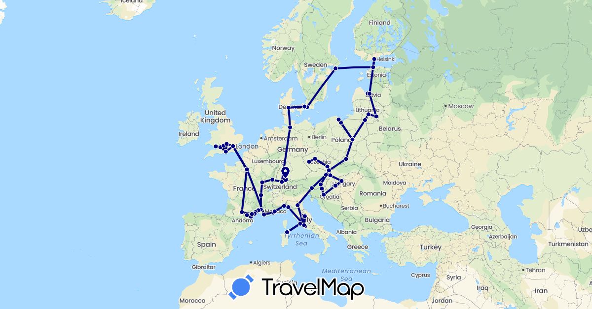 TravelMap itinerary: driving in Austria, Switzerland, Czech Republic, Germany, Denmark, Estonia, Finland, France, United Kingdom, Croatia, Hungary, Italy, Lithuania, Latvia, Poland, Sweden, Slovenia, Slovakia (Europe)